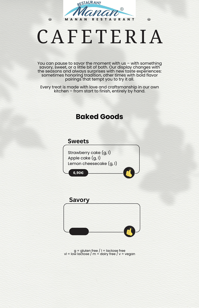 Manan Restaurant Cafeteria menu in English