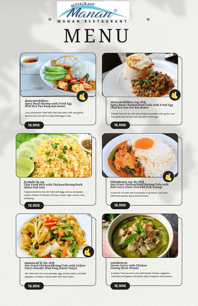 Manan Restaurant menu thai food in english