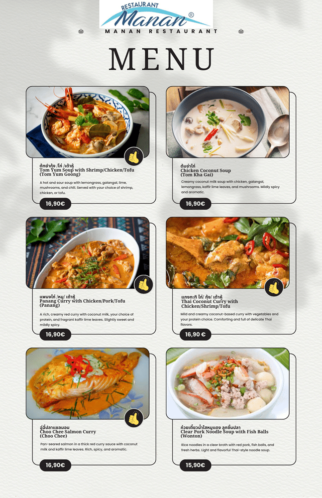 Manan Restaurant menu thai food in english