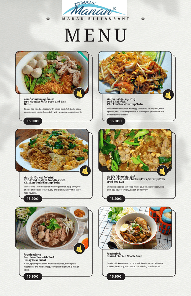 Manan Restaurant menu thai food in english